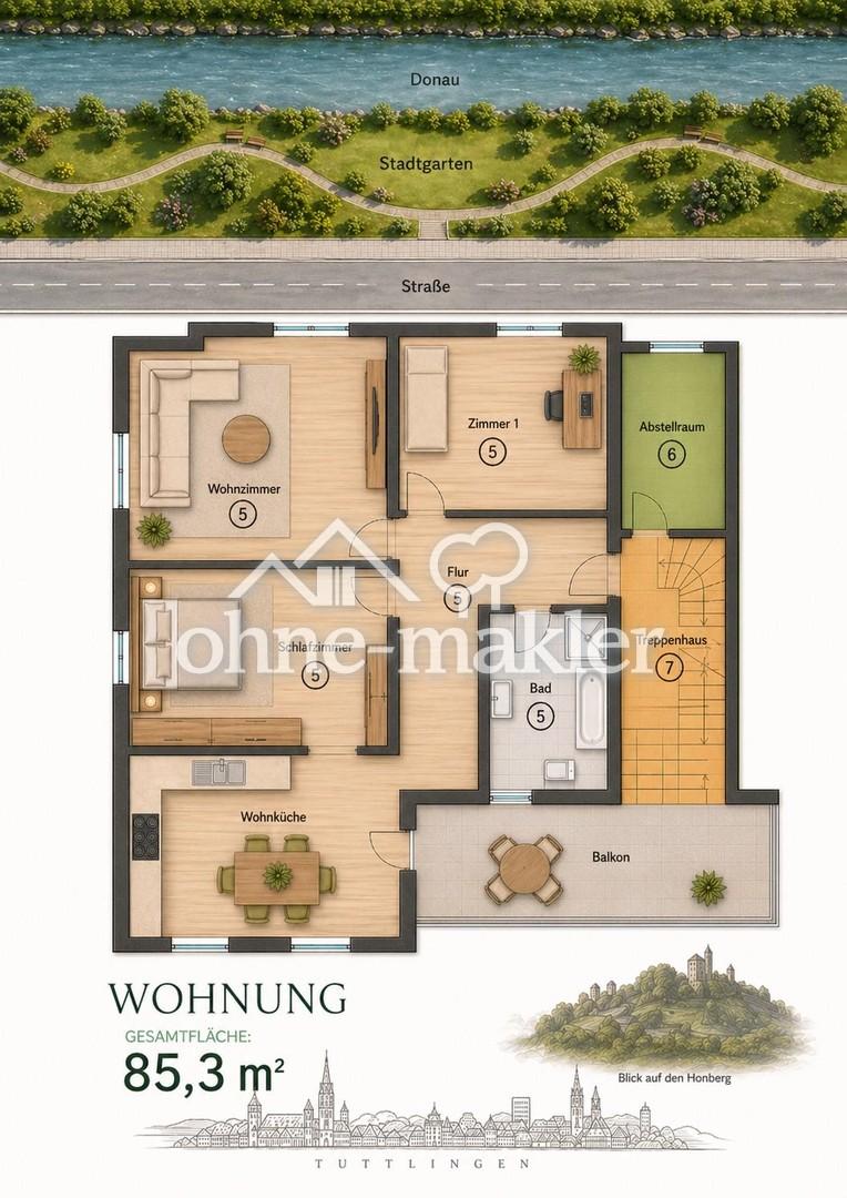Wohnen am Stadtgarten - helle 3-Zimmer Wohnung mit Balkon und Honbergblick - Foto 1