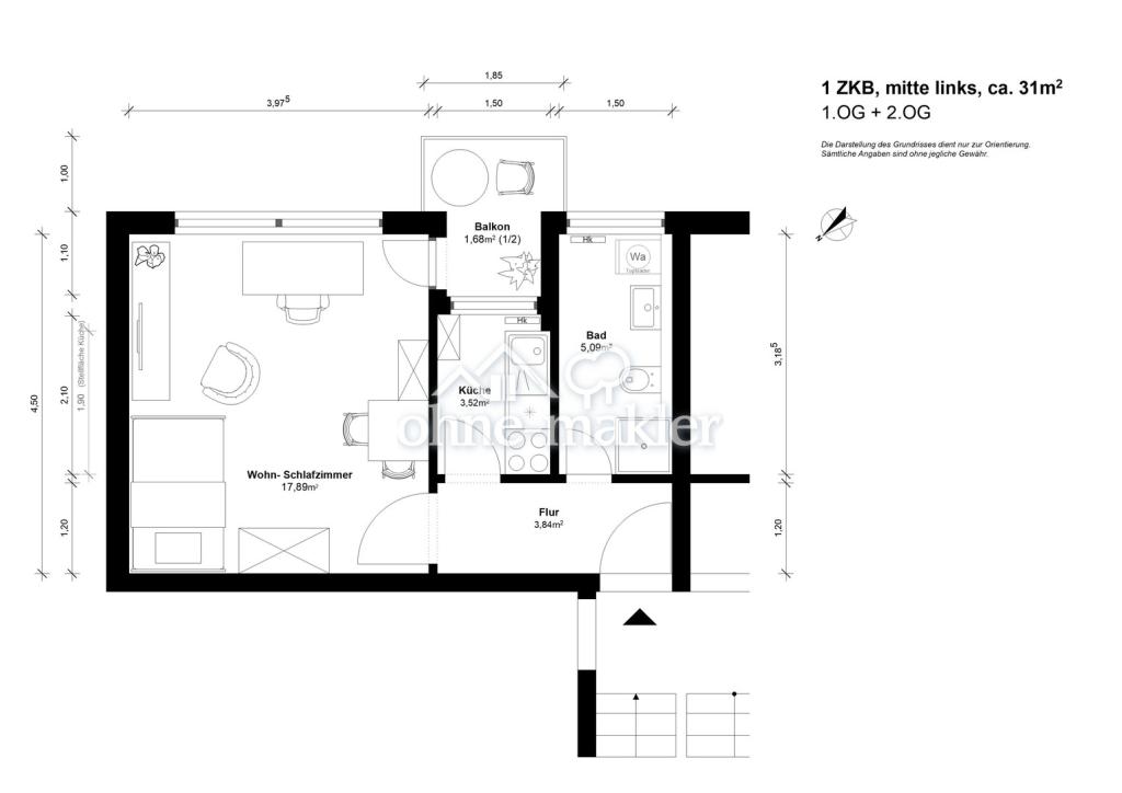 1 ZKB mit Balkon, KL-City, ruhige Lage, ideal für berufstätigen Single oder Azubi - Foto 3