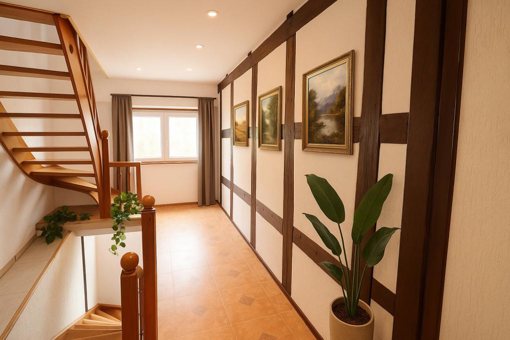 Ein paar Bilder und Pflanzen würden im eleganten Treppen gut passen