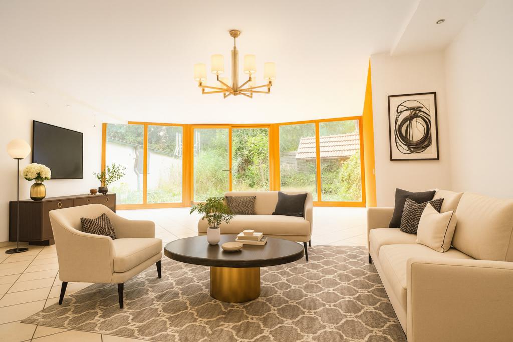 Virtuelles Homestaging des Wohnzimmers. Hier wäre noch viel mehr möglich