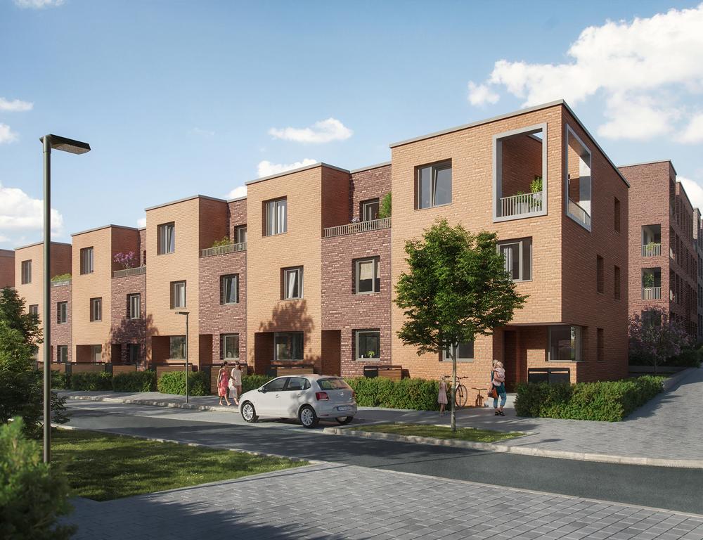 Visualisierung Stadthäuser Ansicht Eckhaus SH1