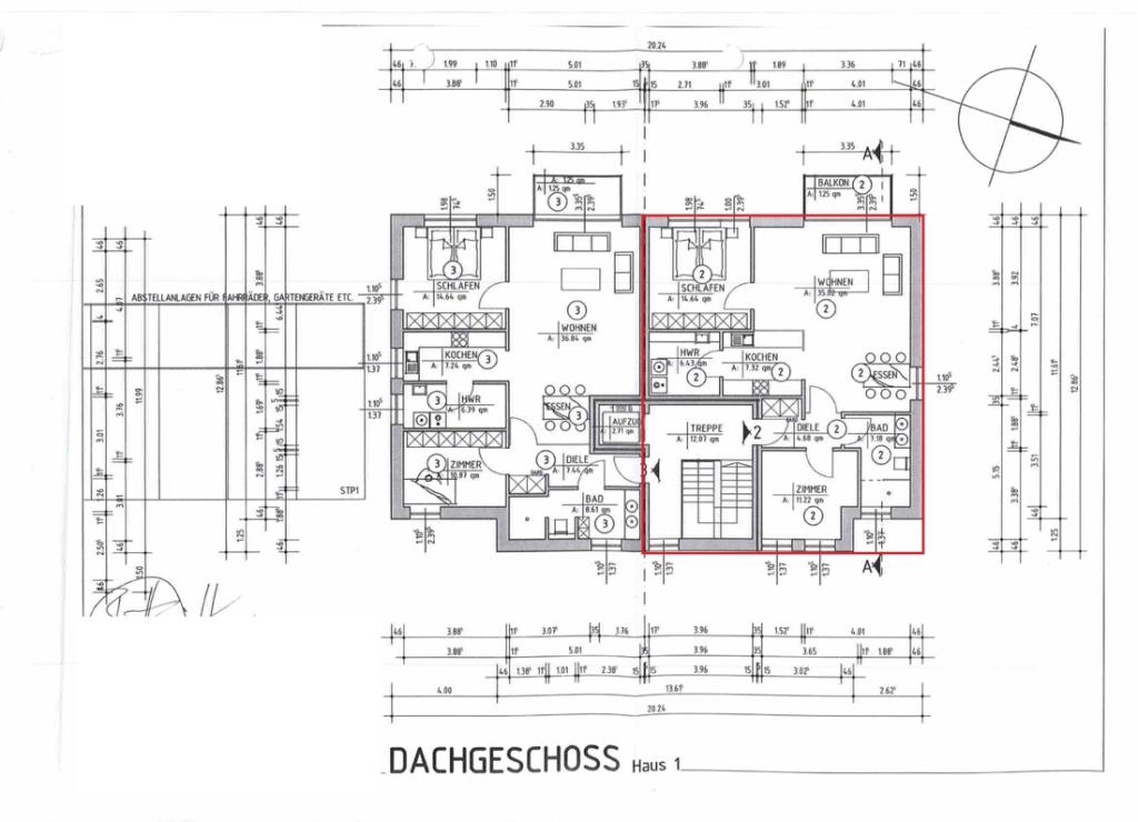 Grundriss Haus 1 Obergeschoss Wohnung rechts.