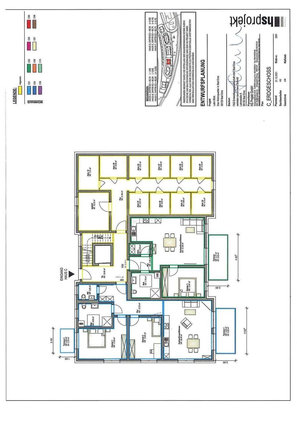 Aufteilungsplan Wohnung (blau), Abstellraum Nr.1 (gelb)