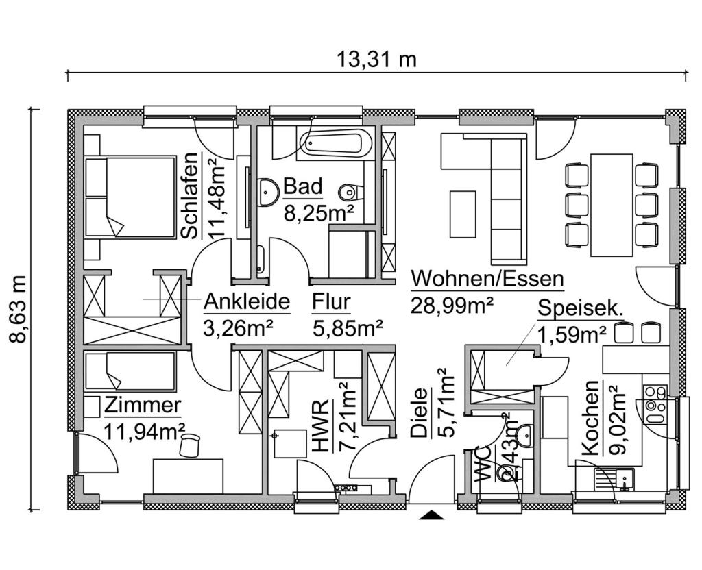 Bauvorschlag: bungalow-grundriss-sh095b-d Hauspreis: 221.700 EUR