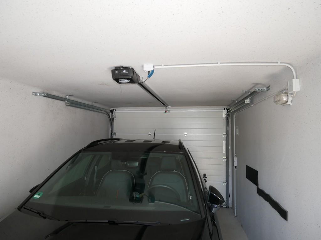 Garage mit Sektionaltor und  Türe zum Garten