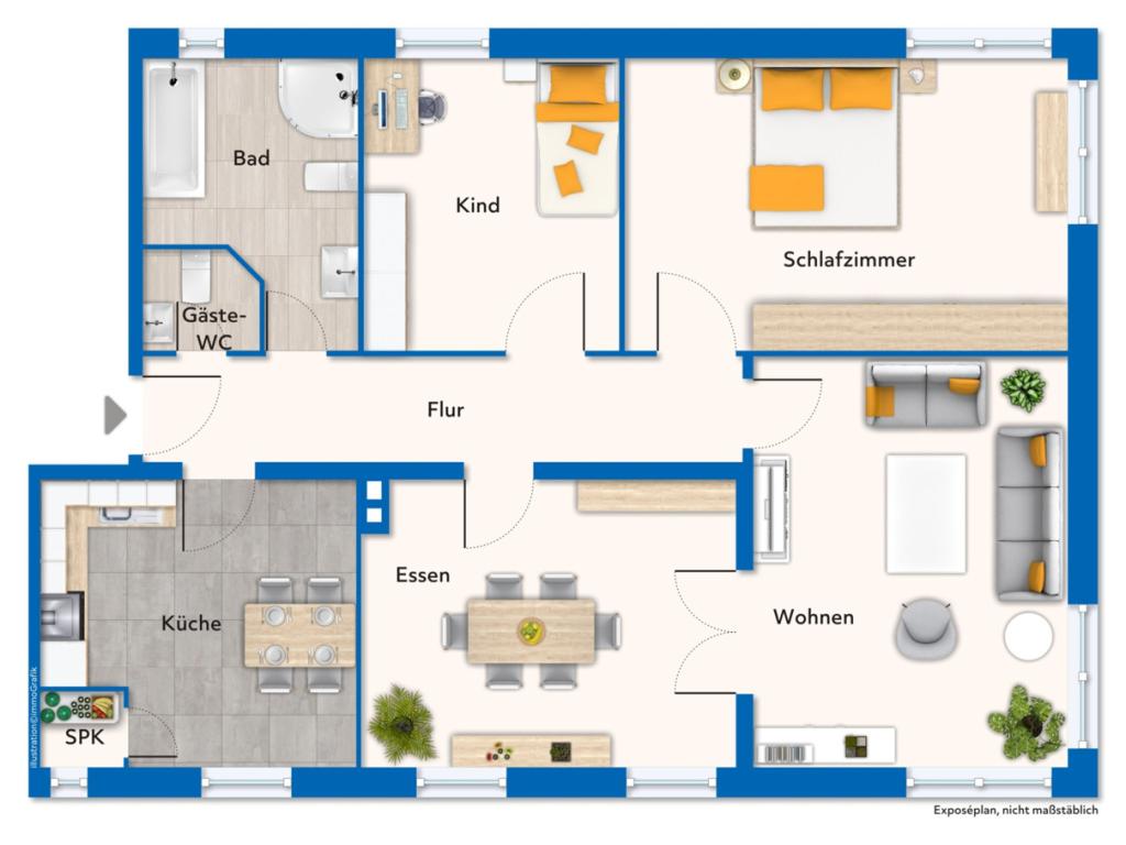 Grundriss mit Mustermöblierung