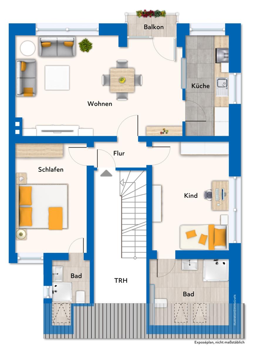 Grundriss mit Mustermöblierung