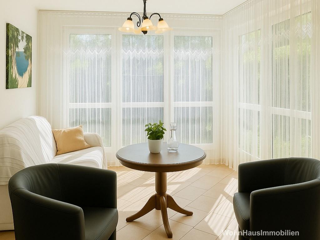 Das Wohnzimmer mit großen Fenstern zum Garten