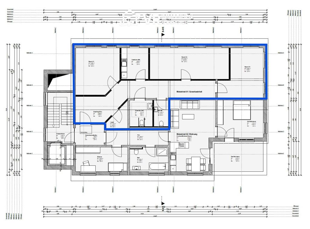 Grundriss blau markierte Mietfläche