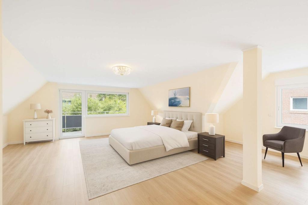 OG großes Schlafzimmer mit Zugang auf Balkon - Beispiel KI