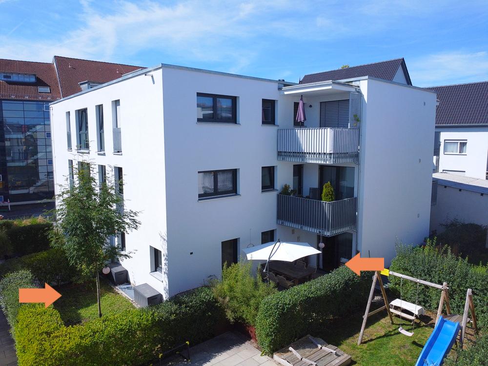 Außenansicht mit Gartenmarkierung