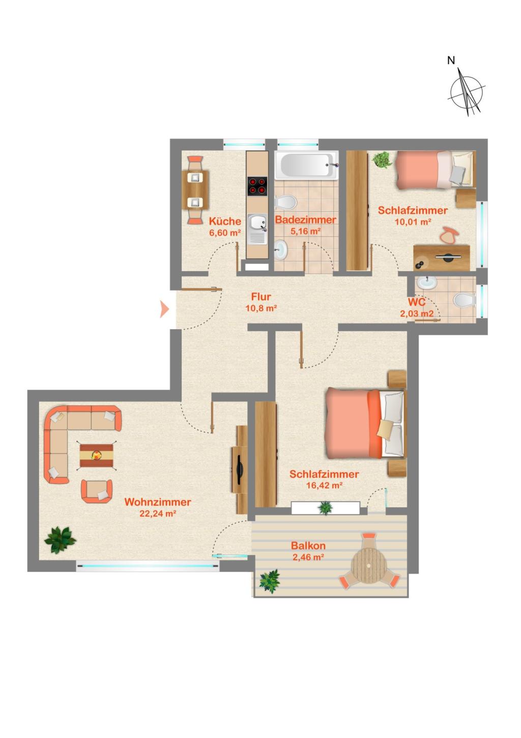 Grundriss der modernen 3 Zimmer-Wohnung