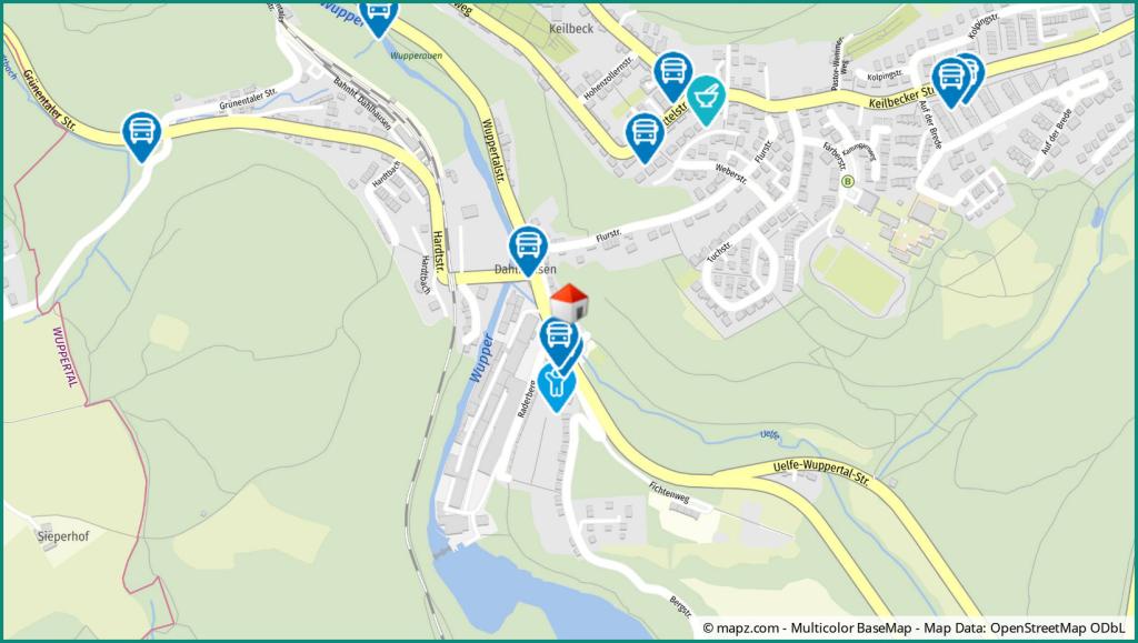 Kartenausschnitt Üelfe-Wuppertal-Straße in Radevormwald